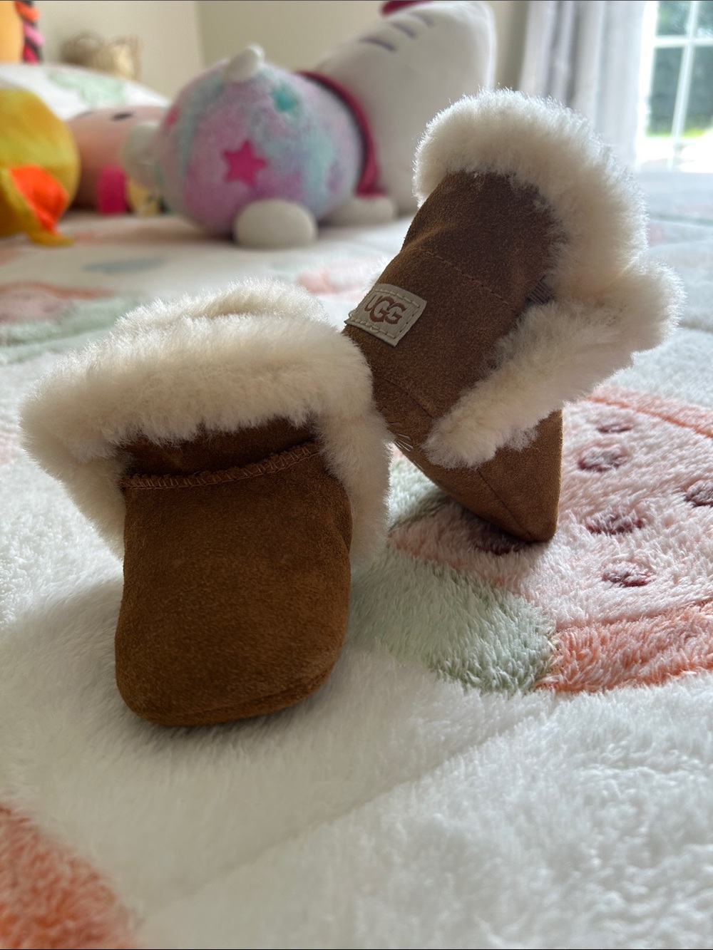 UGG Chestnut Suede Baby Moccasins with Cream Shearling